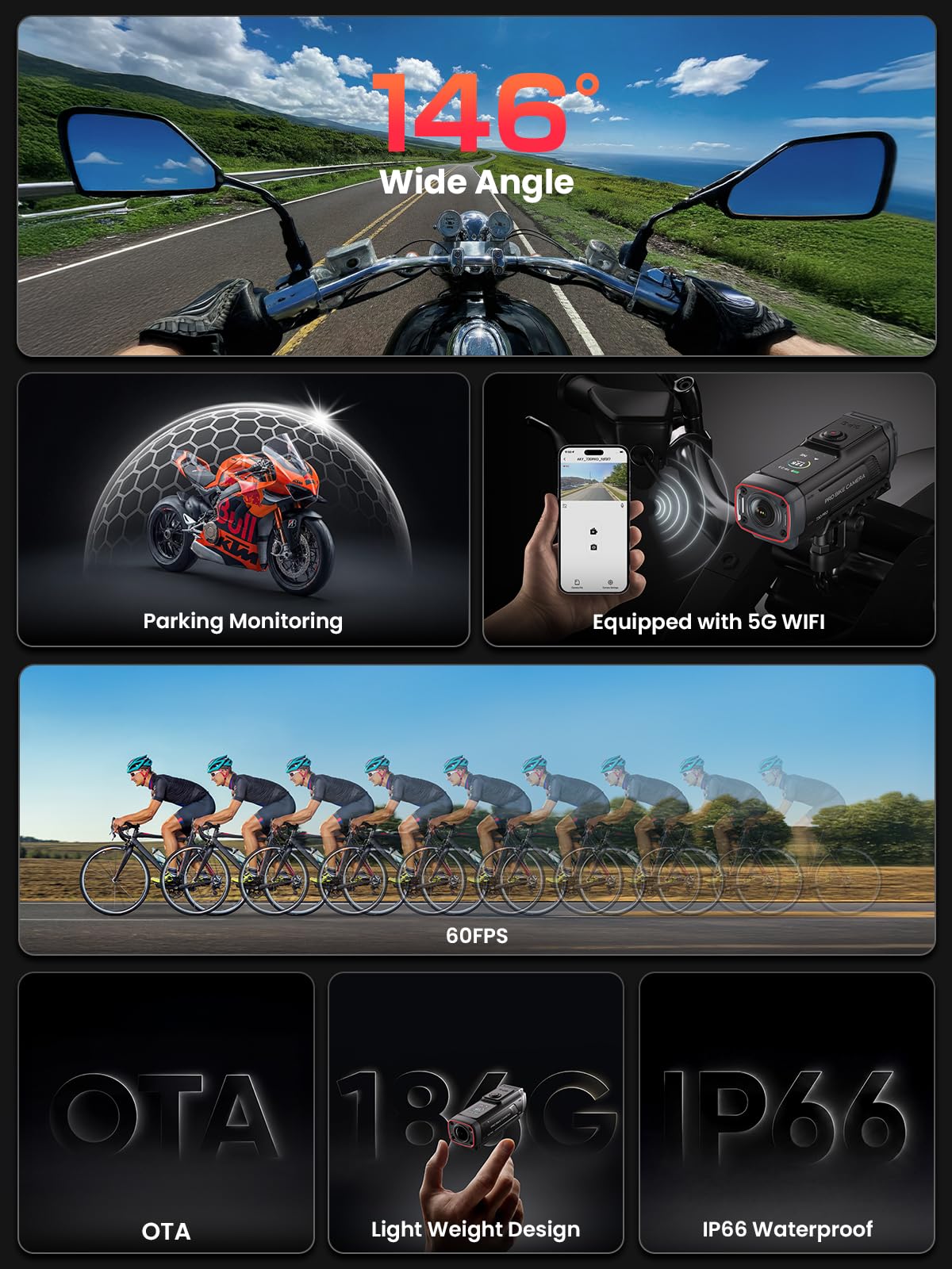 AKEEYO AKY-730Pro 4K Motorrad/Fahrrad Dashcam,60FPS Action-Kamera mit EIS-Stabilisierung,1,14" Touchscreen, integriertes GPS,IP66 wasserdicht, bis zu 6 Stunden Akkulaufzeit,Loop-Aufnahme, Parkmonitor