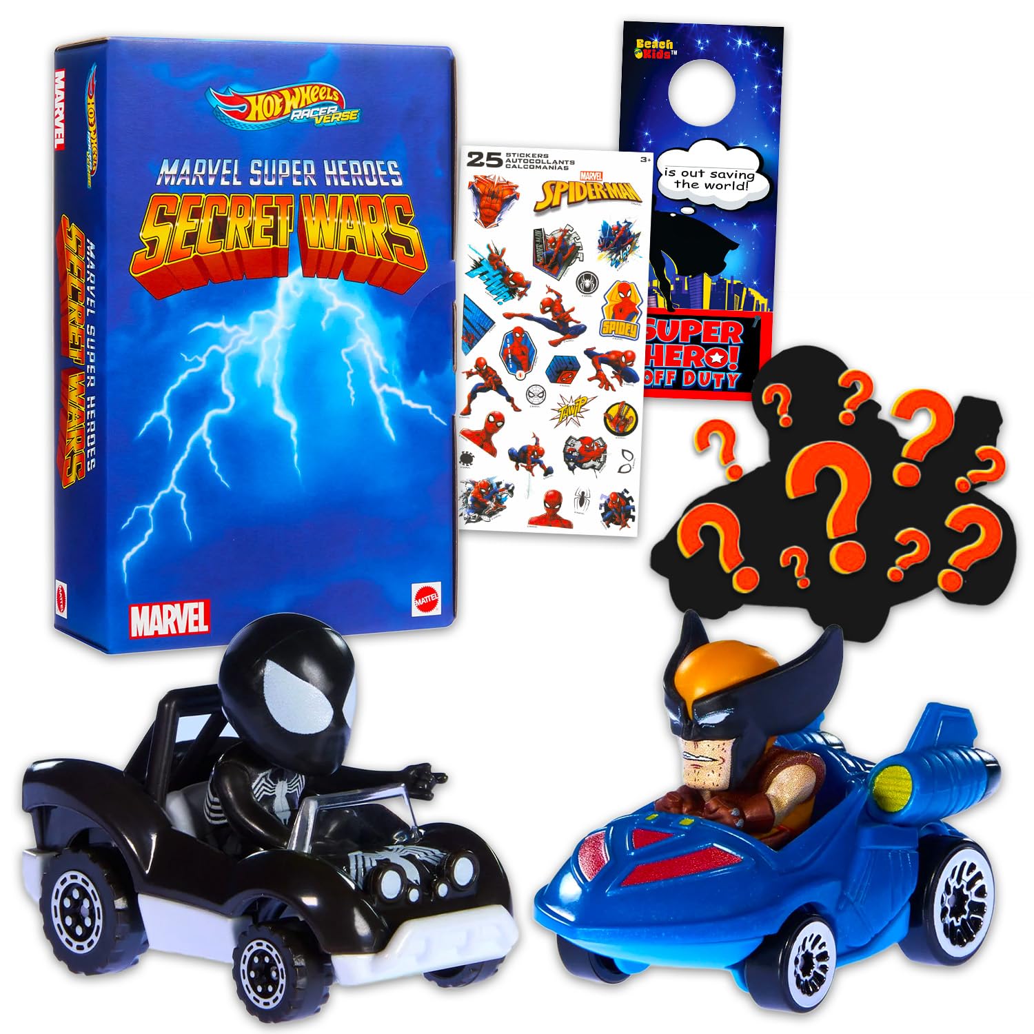 Hot Wheels Marvel Secret Wars Racer Spiderman and Wolverine Blind Boxes - Bundle with 2024 Comic-Con Exclusive RacerVerse Hot Wheels Mystery Toy Plus