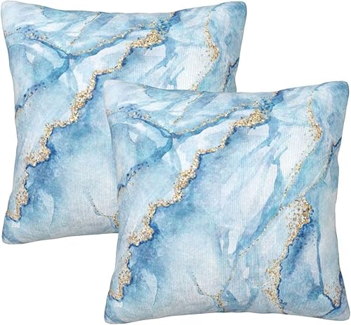 Fiokroo Juego de 2 fundas de almohada cuadradas con textura de mármol azul con purpurina dorada fundas de almohada cuadradas para sofá dormitorio