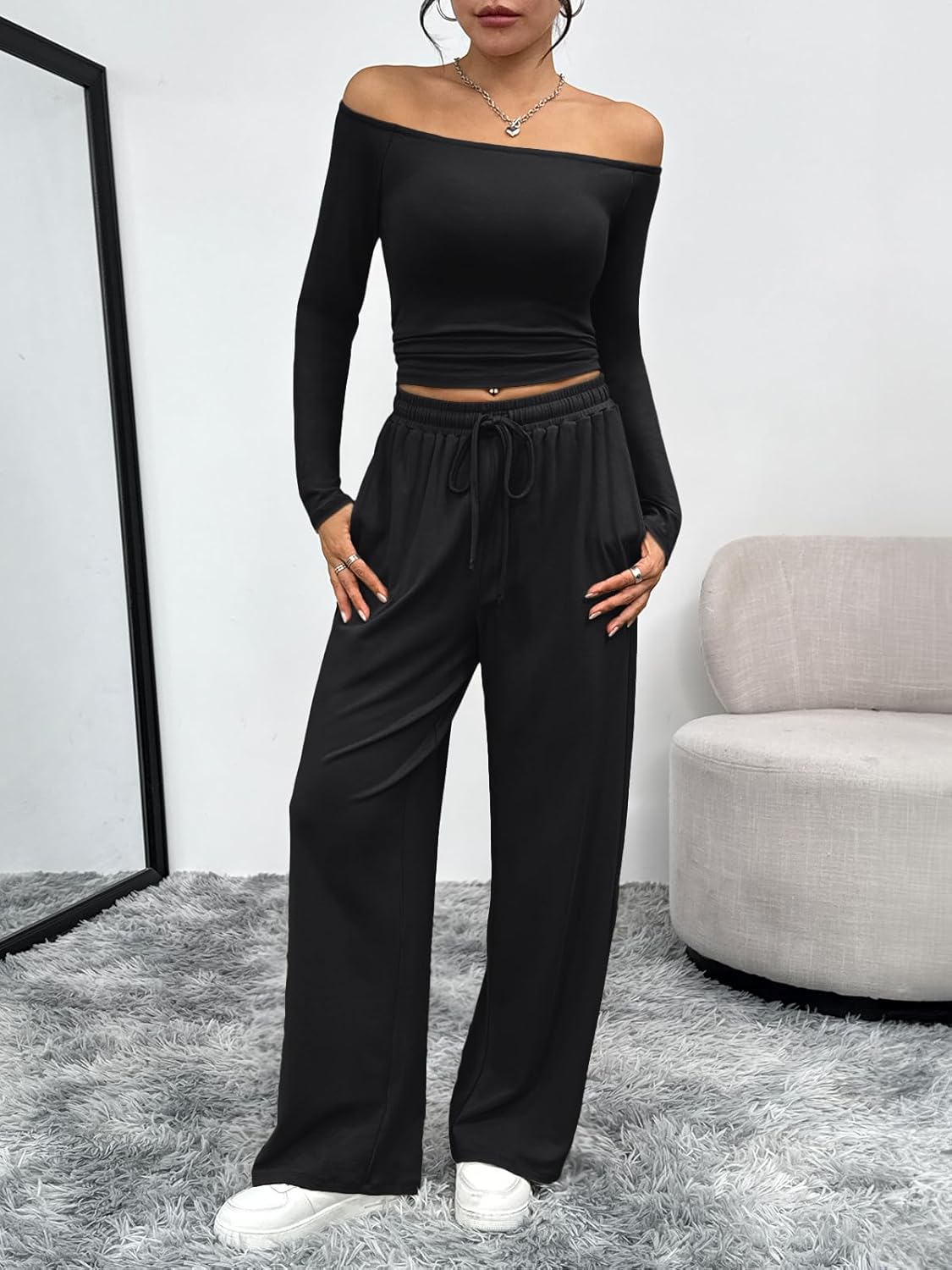 Trendy Queen 2 Piece Off Shoulder Set Womens Wide Leg Pants Side Ruching Slightly Crop Top Sets - Image 2