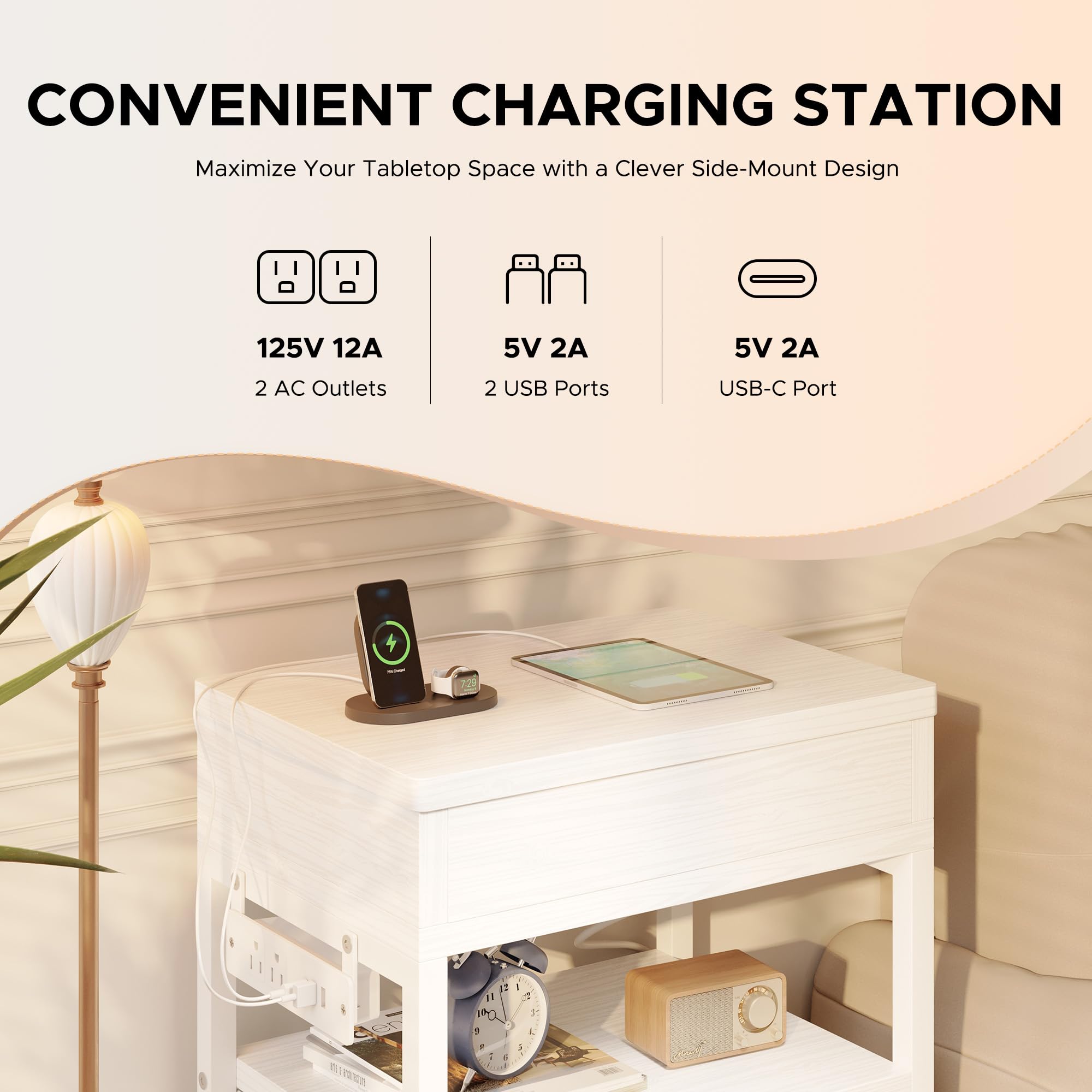 Mesita de noche con cajón oculto, mesita de noche con estación de carga y almacenamiento superior deslizante, mesa auxiliar de cama con 2 cajones de tela, mesita de noche moderna para dormitorio, sala 5