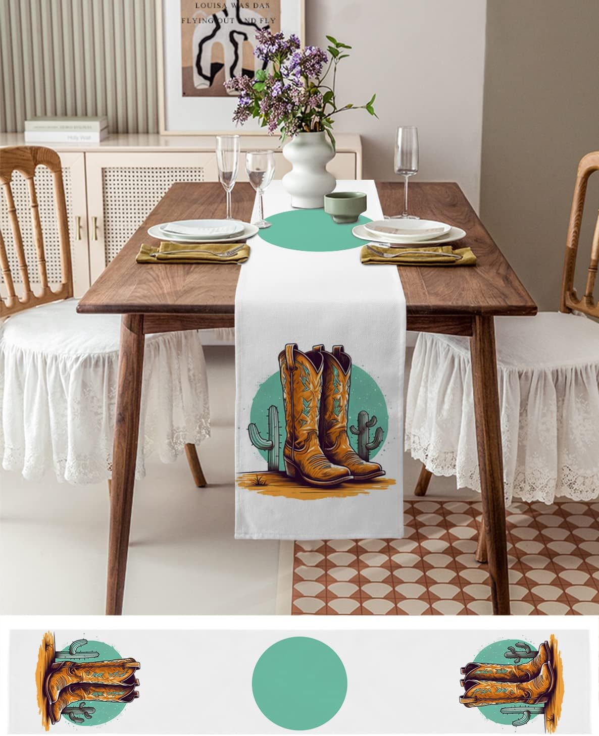 Dining Table Runner Dresser Scarves, Vintage Brown Cowboy Shoes with Cactus Table Runners 108 inches Long,Non-Slip Washable Coffee Table Runners for Wedding Holiday Party Table Decoration