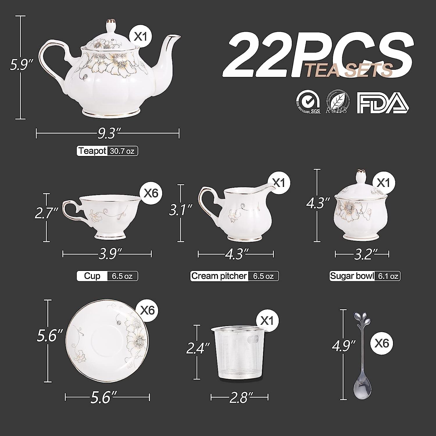 CHENP.HMC Porcelain Ceramic 22-Piece Tea Set, Teapot and Cup Set, 30.7 Ounces, for 6, Teapot Warmers Ceramic Teapot Warmer Coffee and Milk Tea Warmer Tea Set