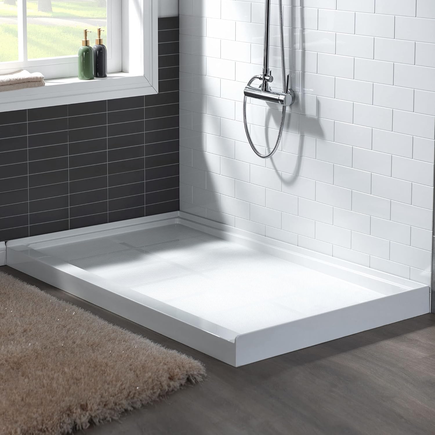 WOODBRIDGE Solid Surface Shower Base with Recessed Trench Side Including Chrome Linear Drain Cover L x W x H, 60"L x 34"Wx 4"H,Center Drain,White Color