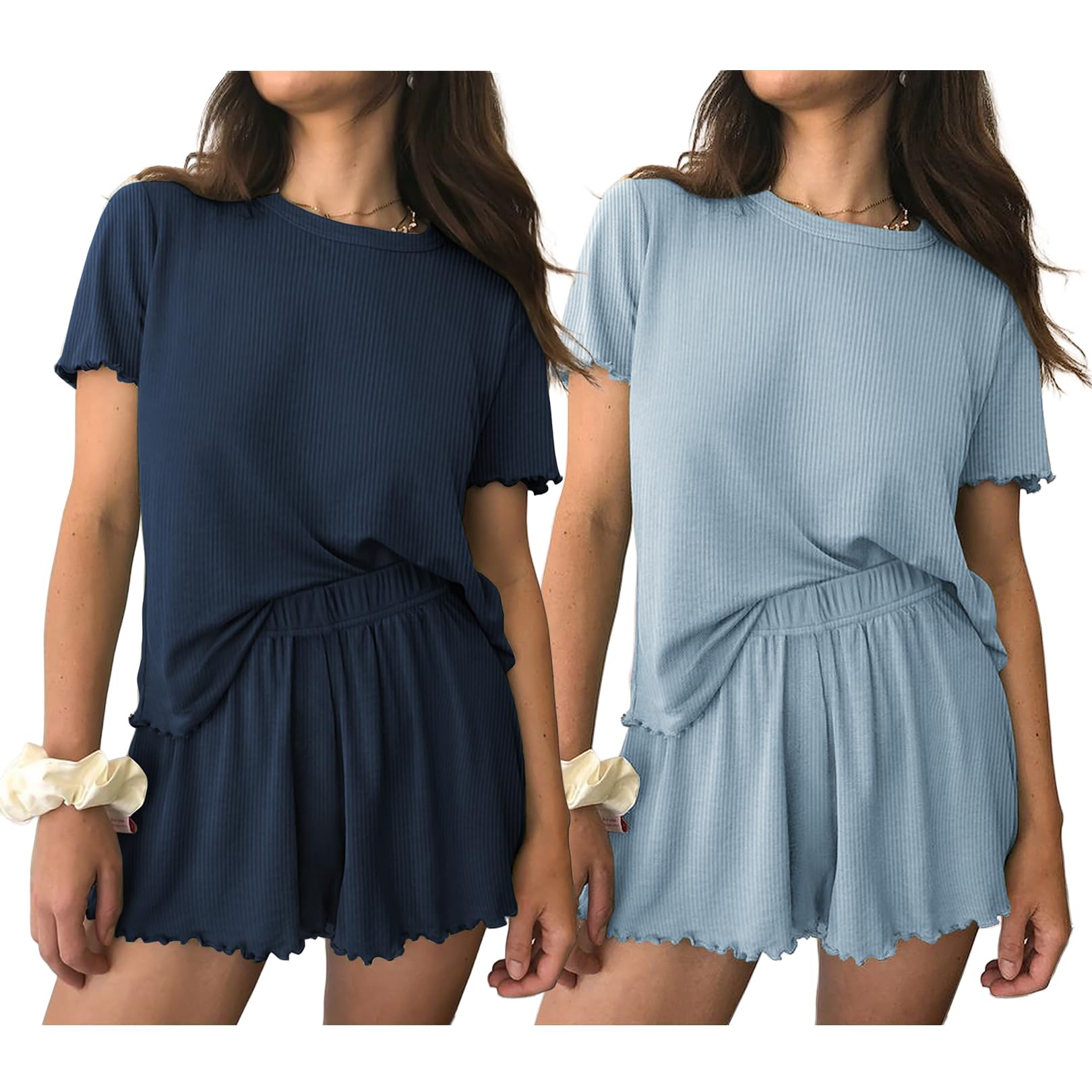 Ekouaer 2 Packs Womens Pajama Set Short Sleeve Sleepwear Soft Top and Shorts Pjs Casual Outfits Lounge Set with Pockets