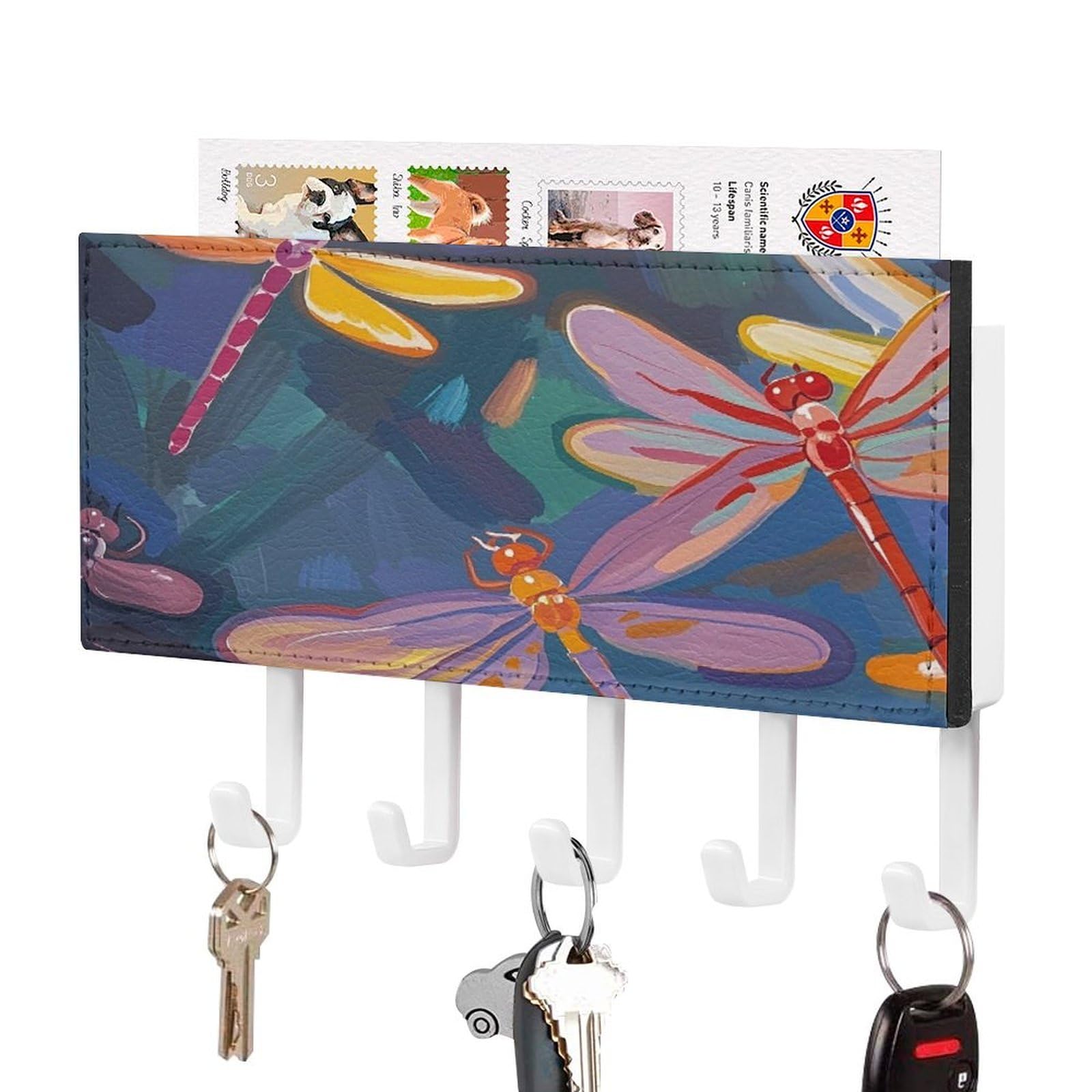 FekiLoot Hand Painted Dragonfly Key Holder Wall Mount Key Hanger with 5 Hooks Decorative Key Rack Hanging Key Hooks with Mail Organizer Key Holder for Wall Living Room Kitchen Bathroom Hallway White