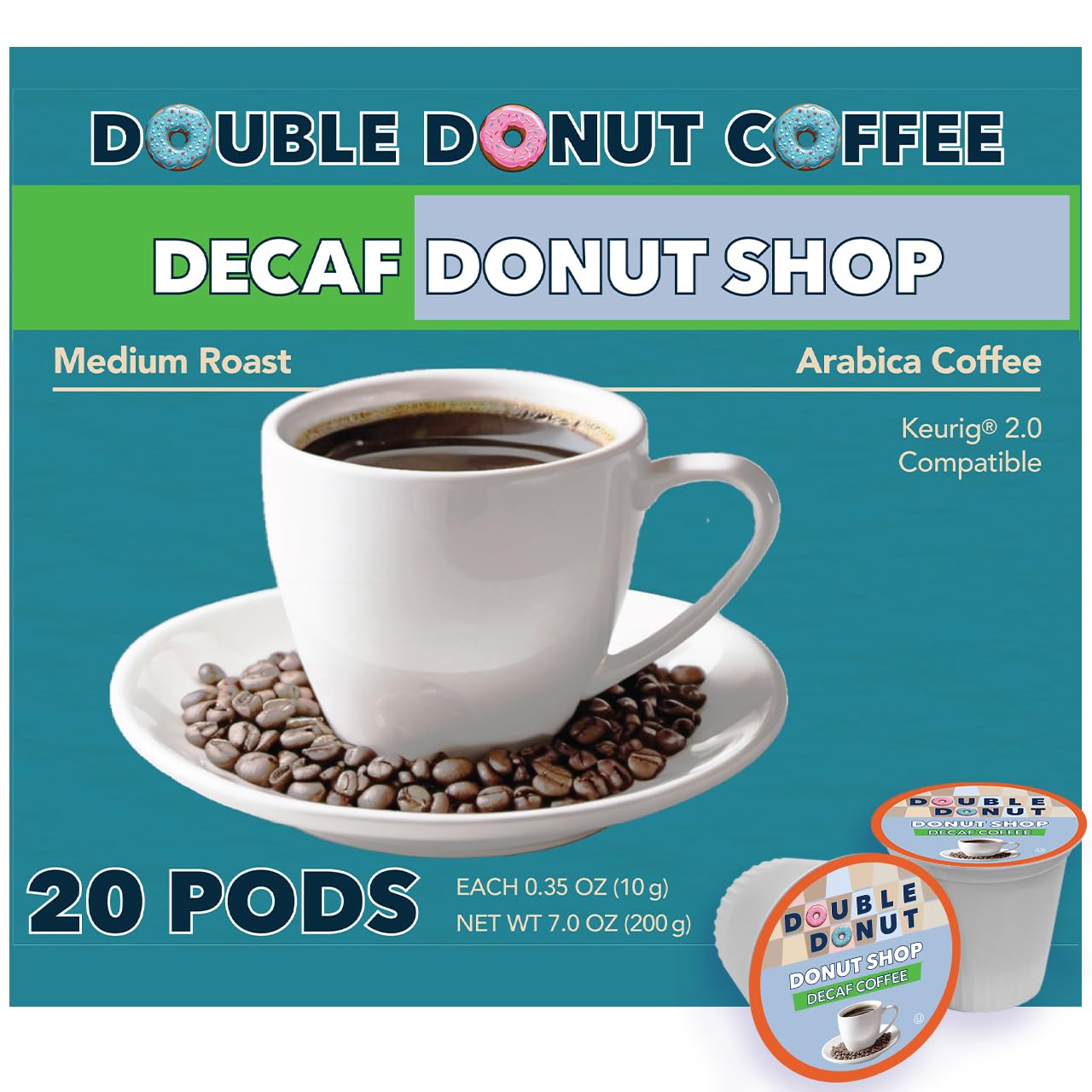 Double Donut Coffee Shop Decaf Coffee Pods Medium Roast Coffee, Decaffeinated Single-Serve Pods for Keurig K Cup Brewer Machines, 20 Count