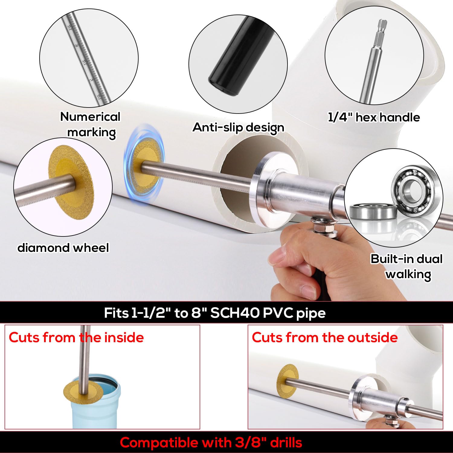 Lyreh Coupe-Tube Intérieur en PVC, Coupe-Tube Intérieur en Acier Profondeur Coupe Réglable 17,78cm Compatible avec les Forets 0,95cm Outil de Convient aux Tubes de 3,81 à 20,32cm