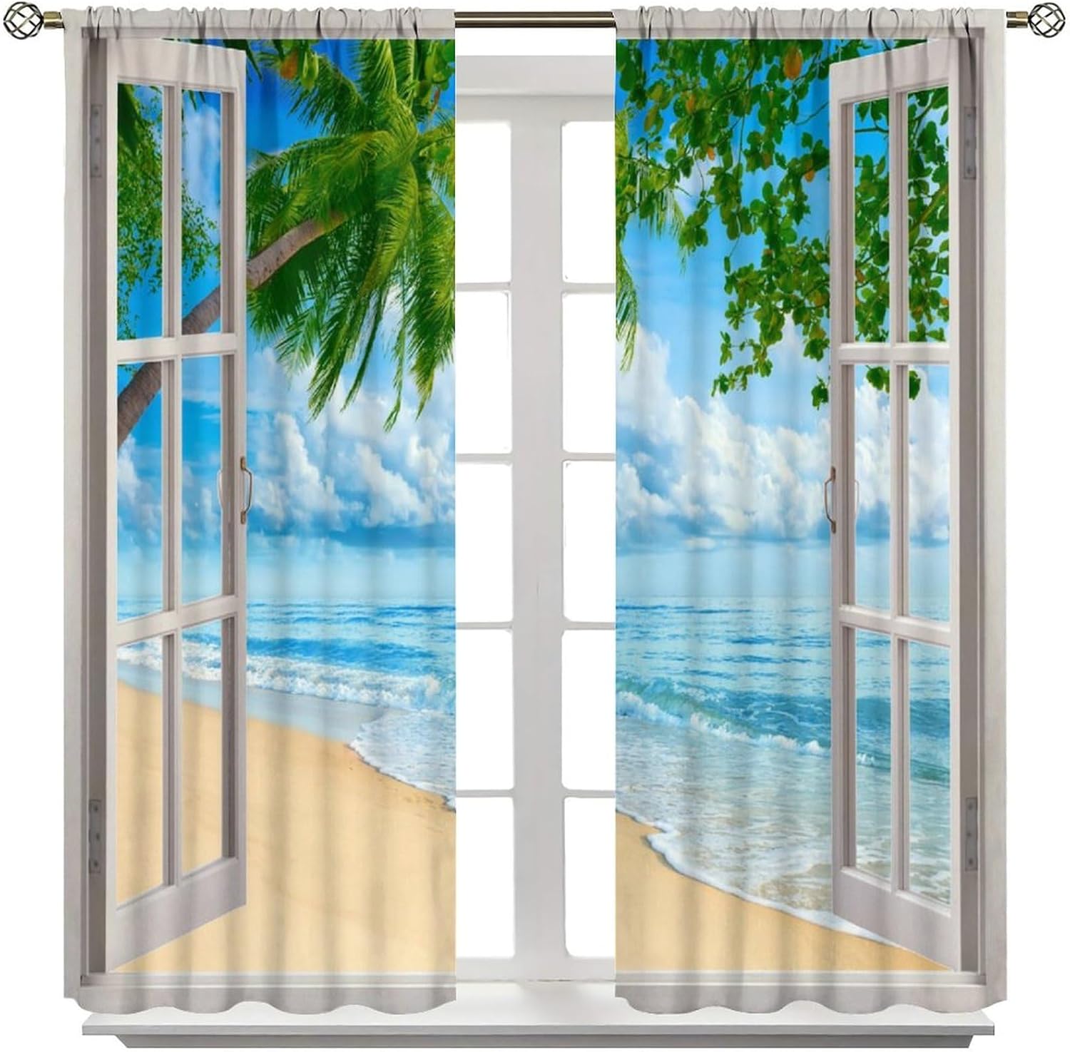 Ocean Beach Blackout Curtains for Kitchen,Casual Summer Beach Green Palm Elm Waves Beach Ocean View Window Treatments for Bedroom Living Room Bathroom 42x54in