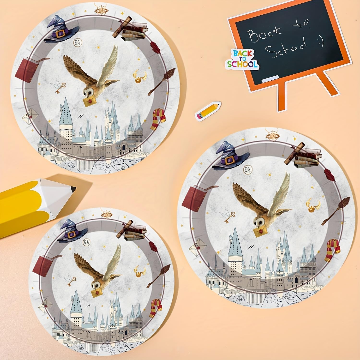 50Pcs Magical Plates Magical Party Supplies,7" Witch Magic School Happy Birthday Plates Magical Vintgage Castle Magical School Owl Halloween Party Decorations (Yellow)