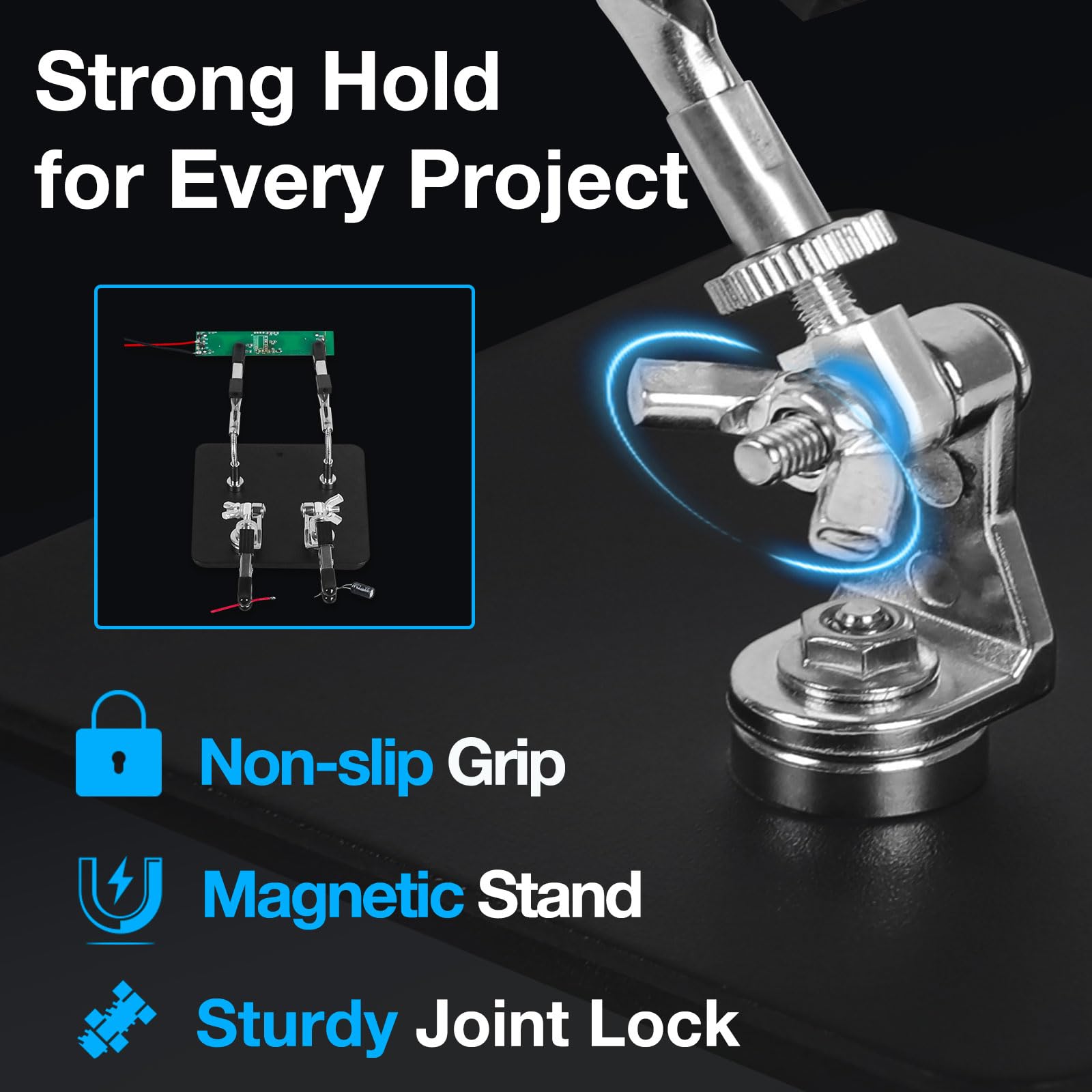 TOOLOUR Tercera Mano de Soldadura Compacta de 4 Brazos con Base Magnética, Soporte PCB Ajustable 360°, Helping Hands Portátil para Electrónica, Reparación de Automóviles y Montaje de Modelos