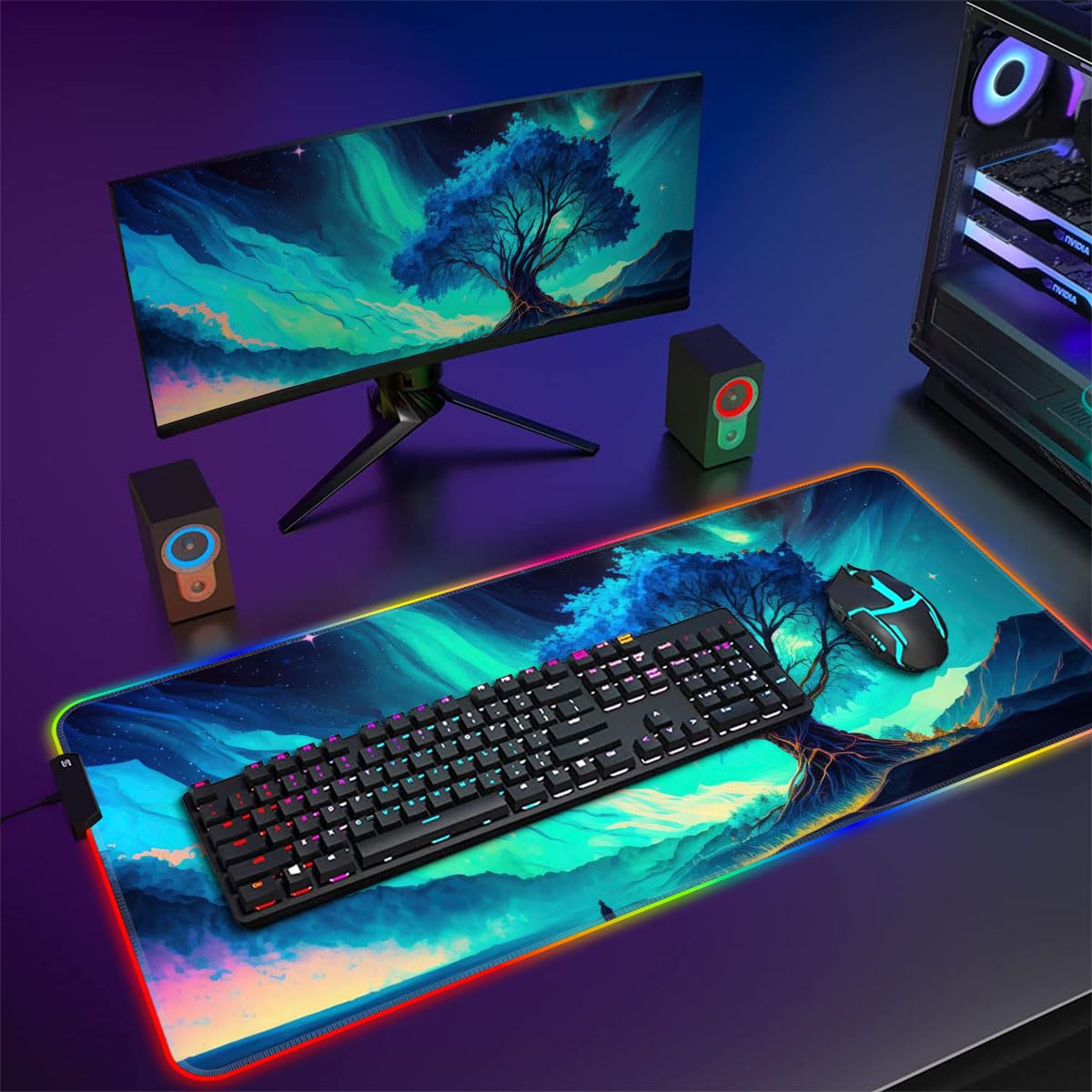 Grand Tapis Souris Jeu à LED RGB 14 Modes Lumineux Antidérapant - Tapis Clavier et Souris Étendu pour PC, Ordinateur Portable, Bureau XXL 15,7 x 35,4 Pouces