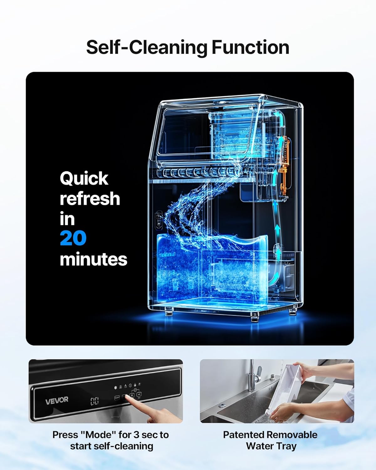 VEVOR Commercial Ice Maker Machine with Pump, 130Lbs/24H with 33Lbs Storage, 45 Cubes per Cycle, Freestanding & Under Counter Ice Maker with LED Display & Self-Cleaning, for Home Bar Restaurant