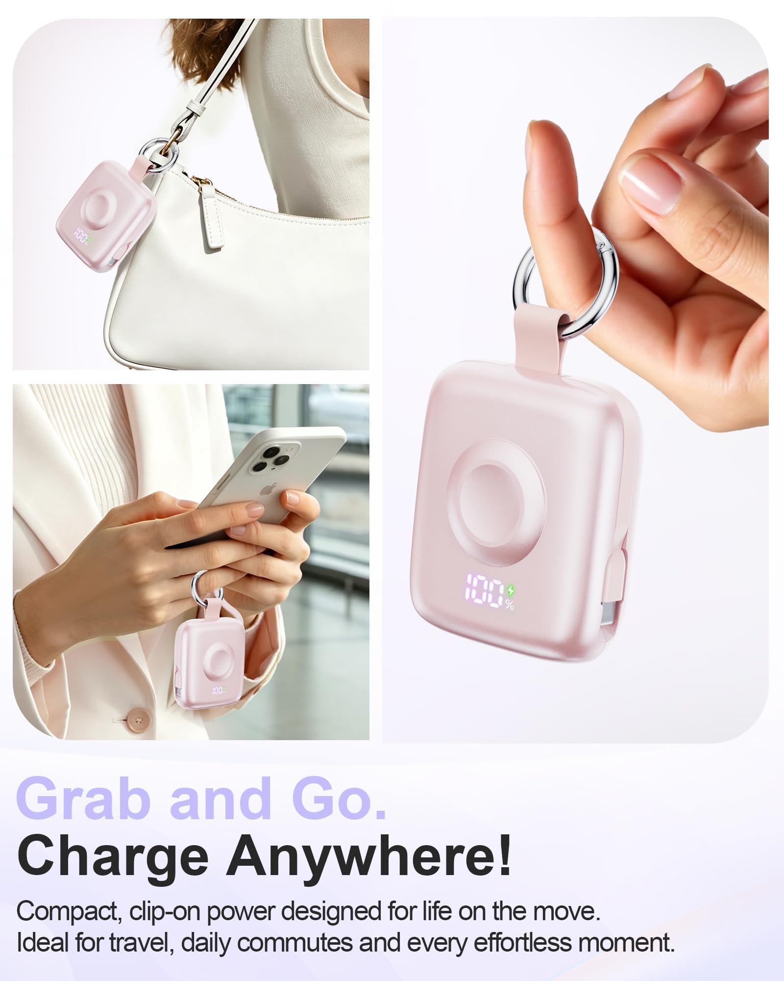 Chargeur portable, 10 000 mAh, 22,5 W maximum, charge rapide avec câbles intégrés, porte-clés de voyage pour iPhone 17/16/15/14/13/12 et iWatch Ultra/11/10/9/8/7/6/5, rose