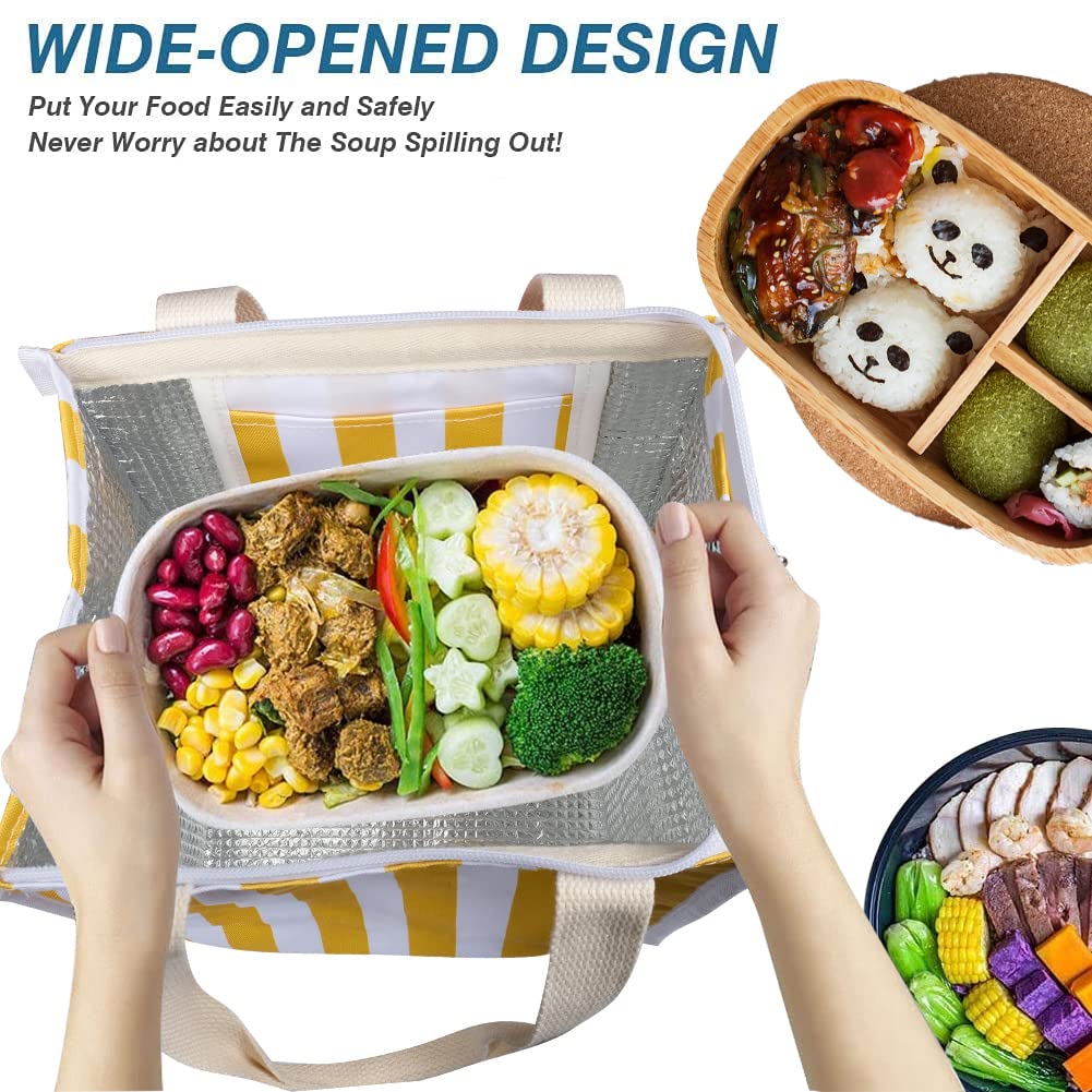 iknoe Borsa termica per il pranzo, per donne e adulti, 9 l, pieghevole, ampia apertura, con tasche, a tenuta stagna e portatile, per picnic, ufficio, spiaggia (striscia gialla)