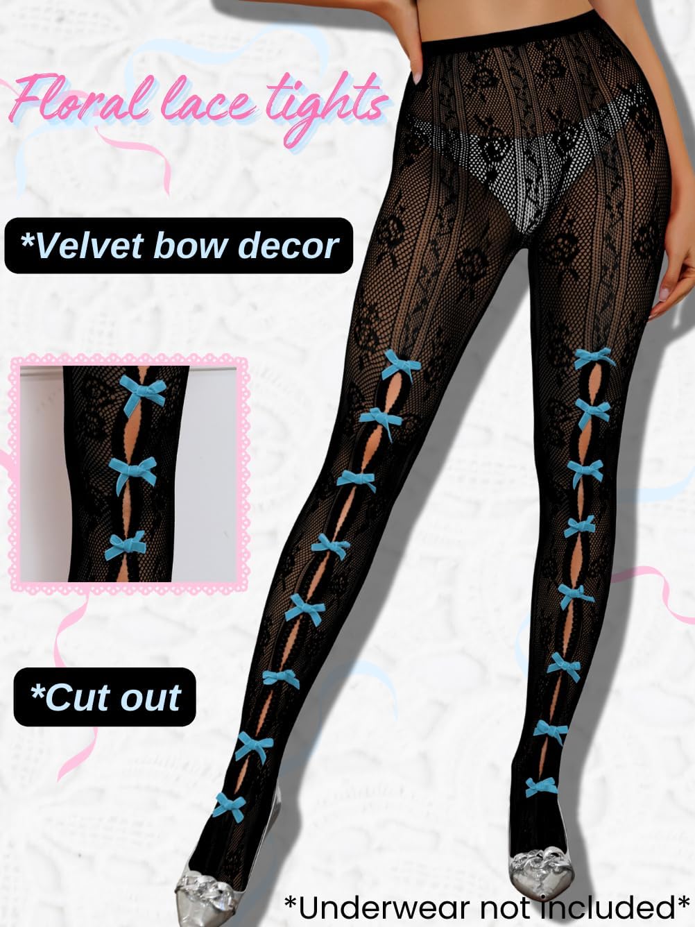 Bow Tights For Women,Sheer Floral Lace Sexy Stockings,Cute Bows Stocking Valentines Date Night Christmas - Image 2