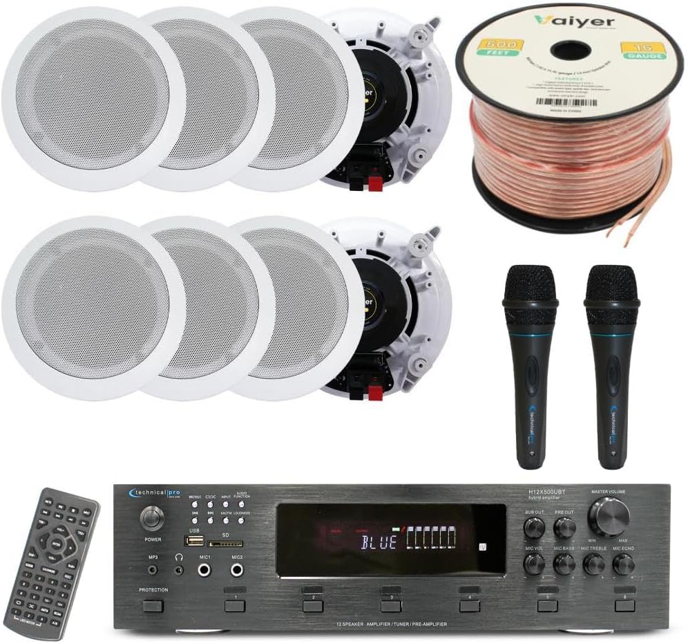Home Stereo System Kit - 6 Channel 6000 W Bluetooth Amplifier w/ 8 Qty of 5.25" in-Wall in-Ceiling Speakers 175W Each, 2 Qty of Wired Mic, 500 ft Speaker Wire & Remote by Technical Pro