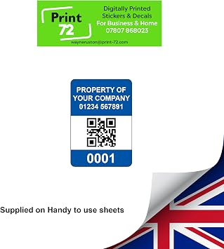 2000 Serialised QR Code Asset Tag Labels Custom Stickers- Dark Blue. 40mm x 28mm Permanent Vinyl Labels