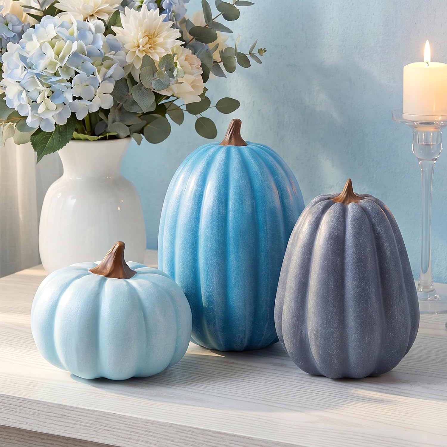 Janinka 3 Pcs Fall Pumpkin Decor Fake Pumpkin Figurines Fall Thanksgiving Pumpkins for Home Decor Farmhouse Harvest Halloween Table Centerpiece (Blue)