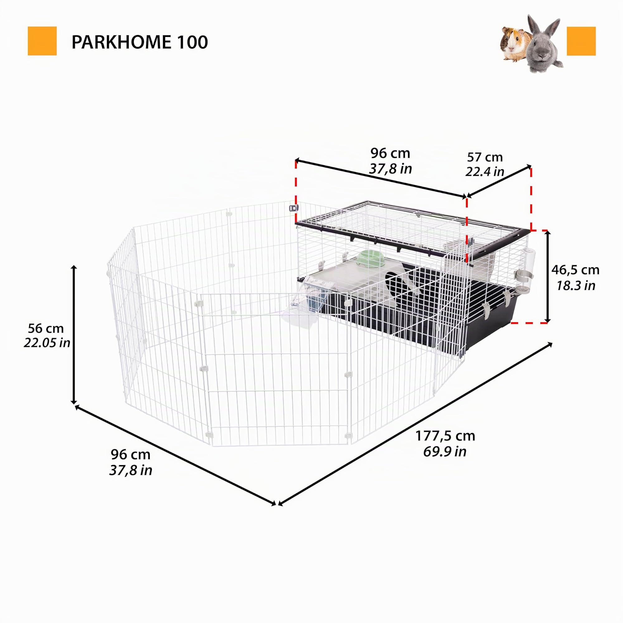 Ferplast Cage Lapin PARKHOME 100, Cochon d'Inde, avec Enclos pour Lapins Domestiques, Niche et Abreuvoir, 95 x 177,5 x h 56 cm, en Plastique avec Toit Ouvrant