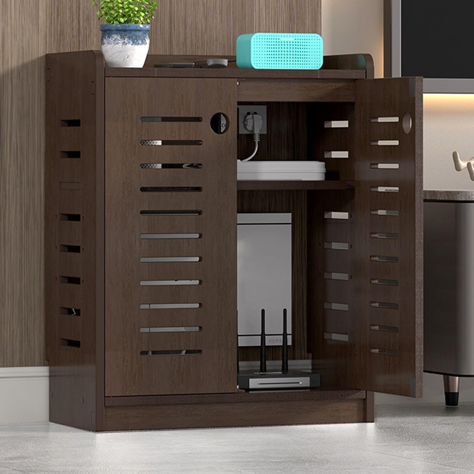 Gabinete oculto para WiFi y organizador de equipos multimedia con puertas ventiladas