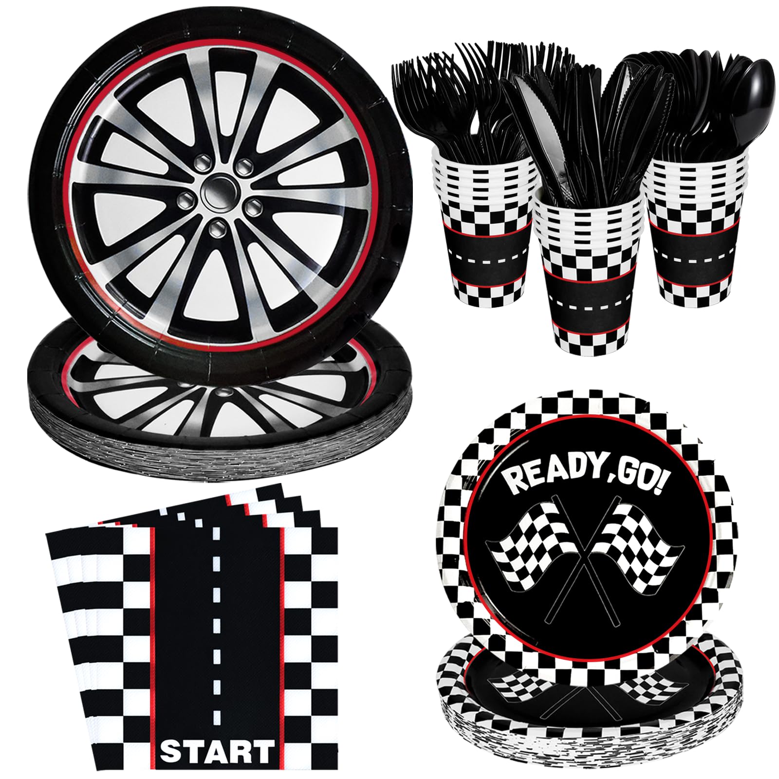 175 Pcs Race Car Birthday Party Decorations Racing Checkered Set Includes Plates, Napkins, Cups, Cutlery for Race Car Theme Birthday Decorations