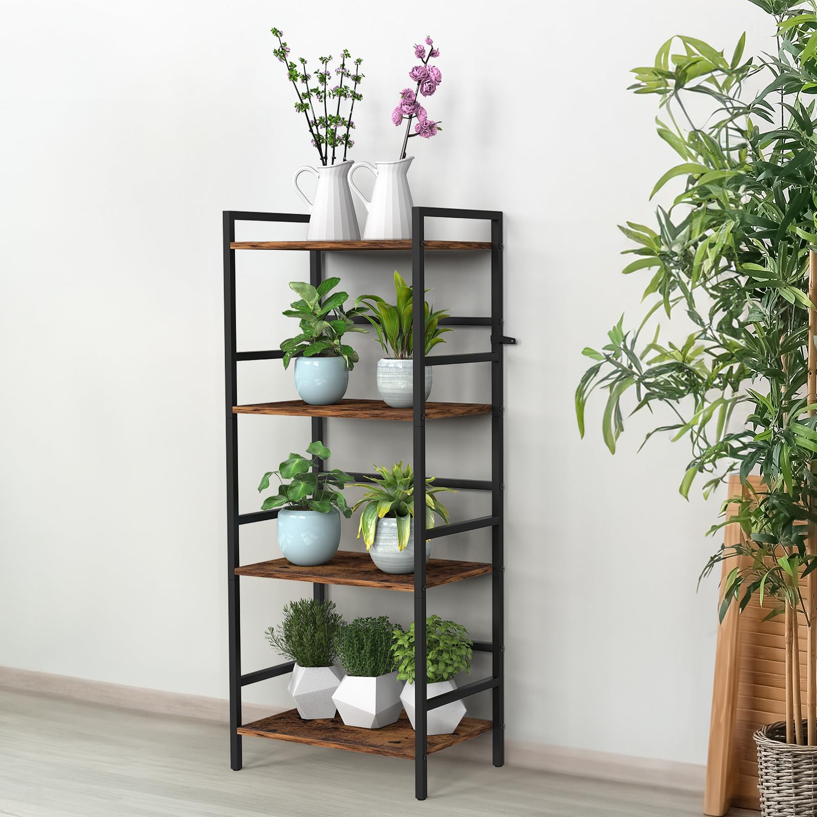 CADUKE 4-poziomowa półka na książki z miejscem do przechowywania Industrial Open Etagere Bookcase Wood Metal Book Shelf Stand Brown Regały na książki do salonu, sypialni, biura