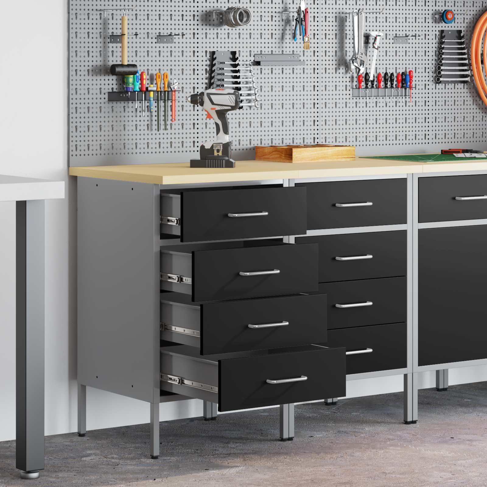Banco da lavoro con cassetti, 2 pezzi, nero e grigio, 100 x 55 x 85 cm, armadietto da officina in legno e acciaio con telaio robusto, contenitore versatile per attrezzi, industriale