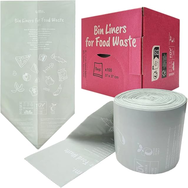 Amazon Brand - Umi Bin Liners 6L-100 bags, Small Bin Bags, Food Waste Bags, Biodegradable and Compostable caddy liners, Unscented, Extra-Thick(23um) and Strong, EN13432 Certified