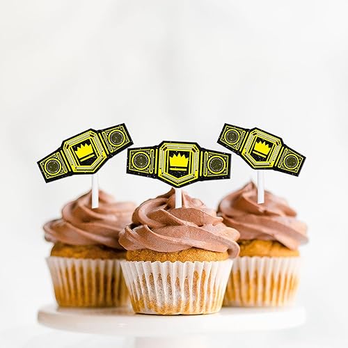 Miniatura 6 de 18 piezas de anillo de campeonato con purpurina dorada para postre para cupcakes, cinturón de lucha libre, suministros de decoración temática