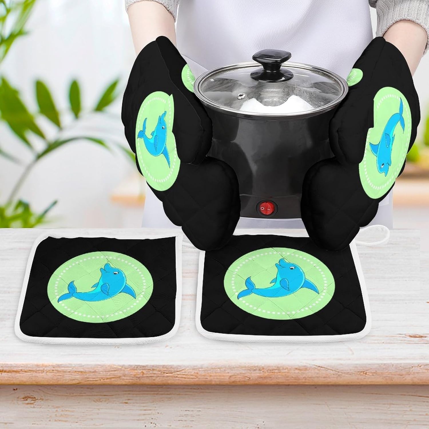 Dolphin Oven Mitts and Pot Holders 4Pcs Set Heat Resistant Cooking Mitts Hot Pads