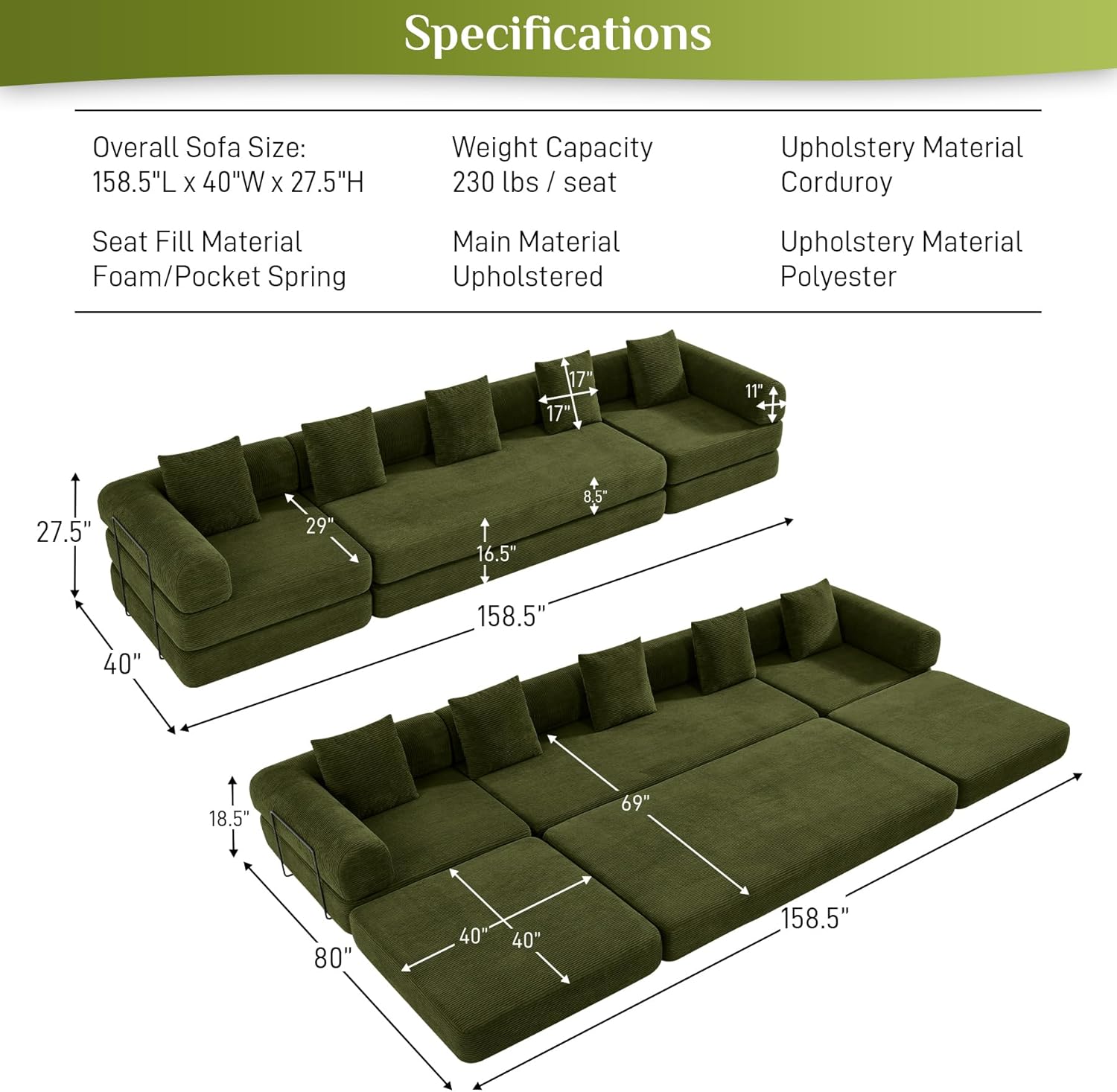 Convertible Sleeper Sofa Bed Set with Pillow, 4-in-1 Corduroy Folding Mattress Couch with Fixed-Shape Frame, Fold Out Floor Sofa Cama Lounge Couch for Living Room Bedroom Studio, Olive Green 158.5 Sage Green