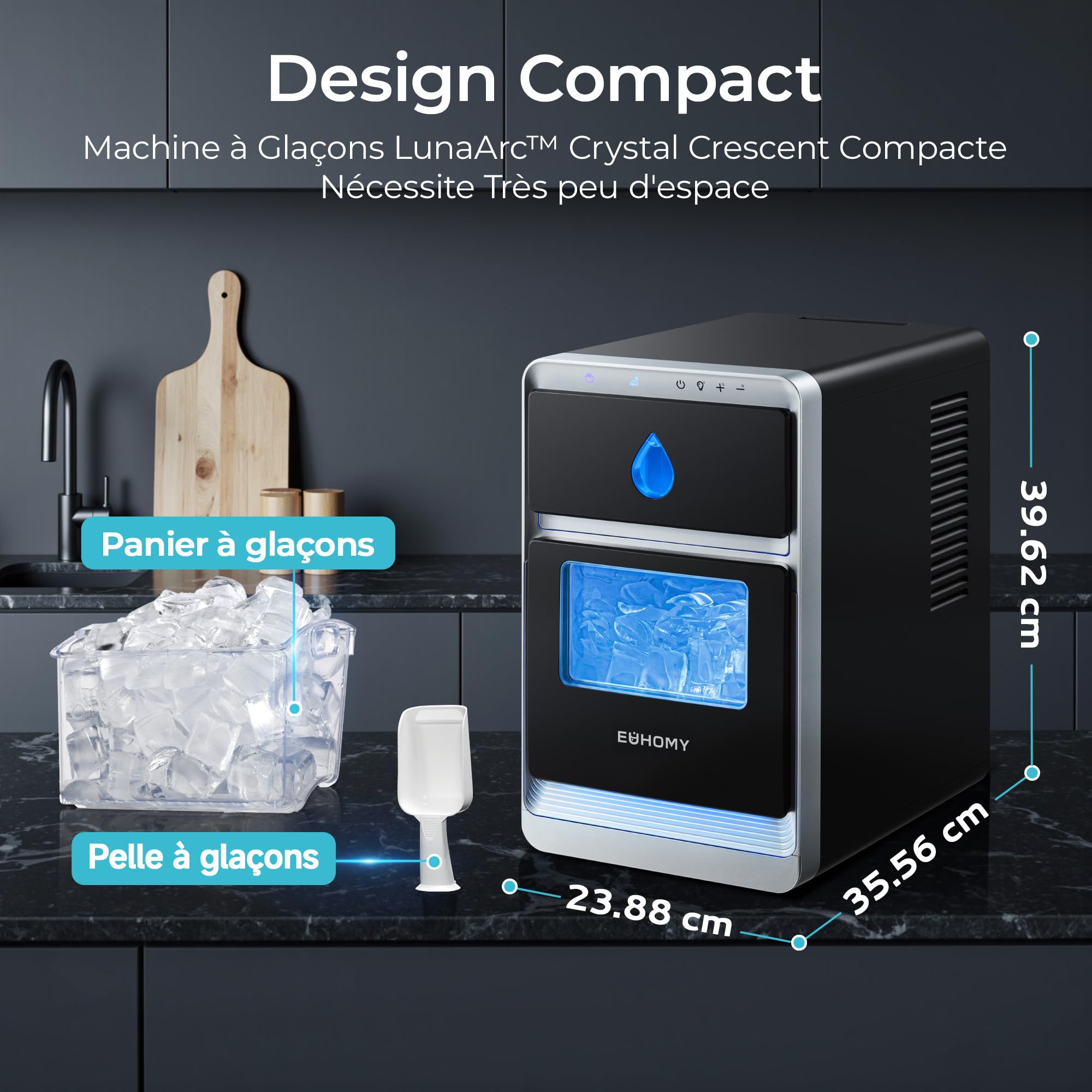 EUHOMY LunaArc Crescent Machine à Glaçons Portable avec Croissant de Cristal 1600 Pièces/Jour Prêt en 12 Minutes Nettoyage Automatique en Profondeur Machine à Glaçons pour Whiskey/Café/Boissons