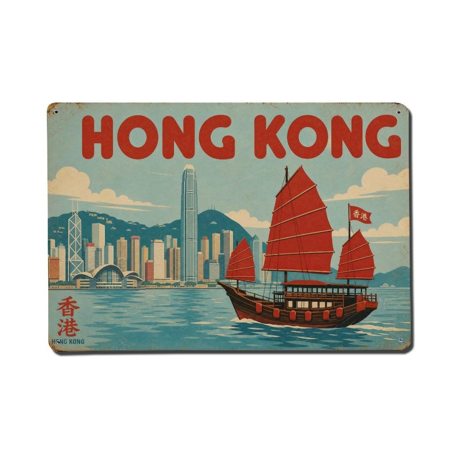 Metal Tin Sign Vintage Travel Hong Kong Junk