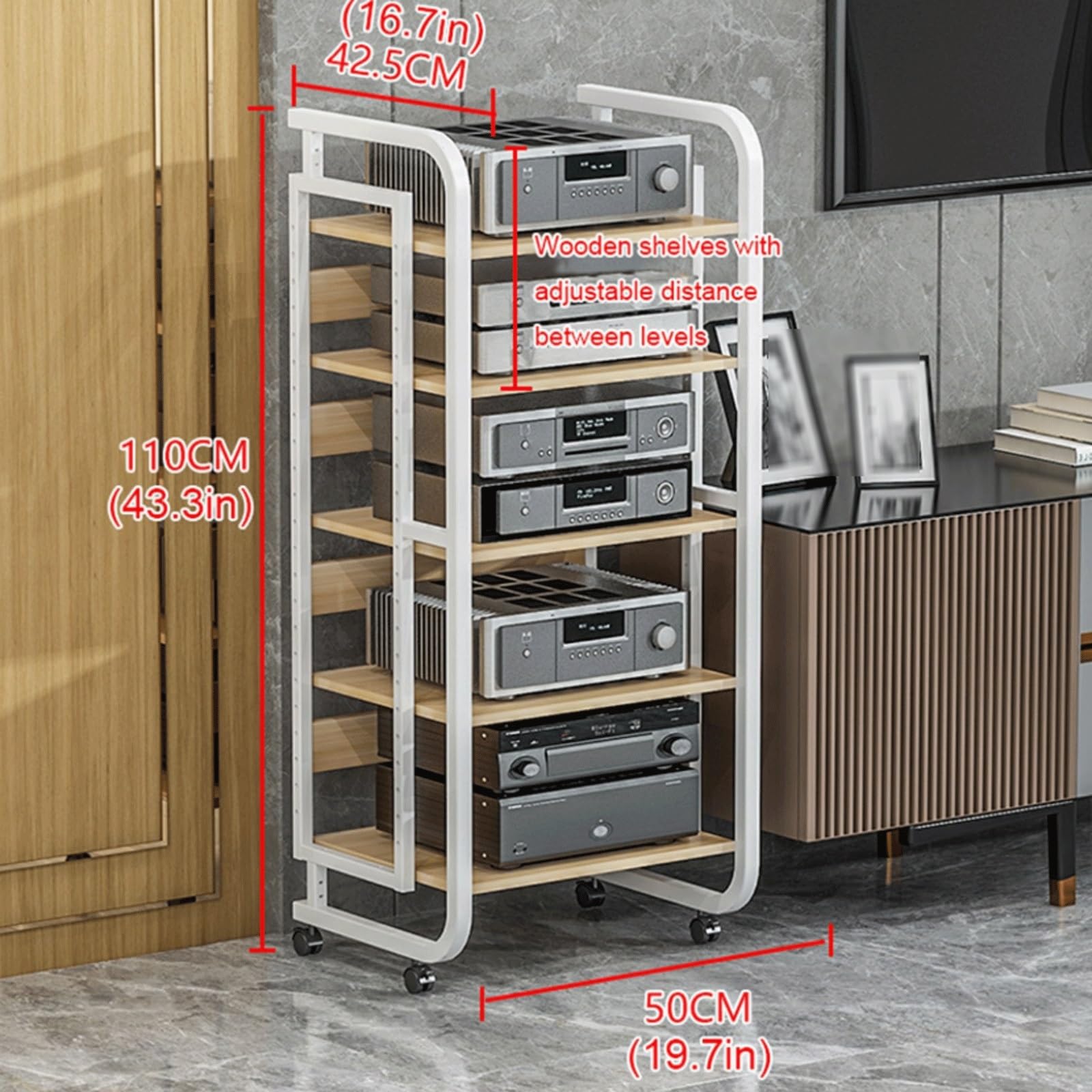 Stojak audio stojak wieża stereo szafka z regulowanymi półkami Av Media stojak z kółkami mobilna konsola do gier stojak na odtwarzacz płyt DVD salon, biały - 5 poziomów