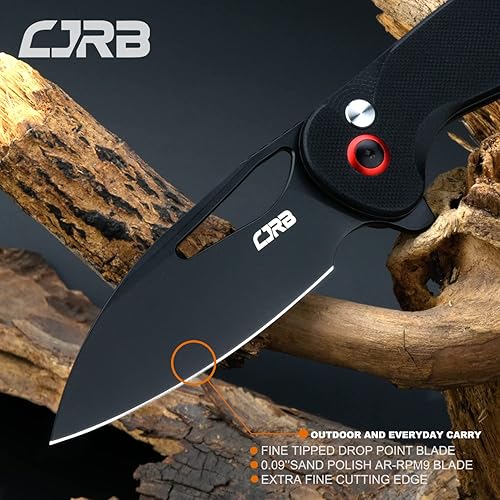 Miniatura 3 de CJRB LAGO - Cuchillo de bolsillo plegable con acabado satinado de 3.41 pulgadas AR-RPM9 mango negro G10, cuchillo EDC con bloqueo de botón para