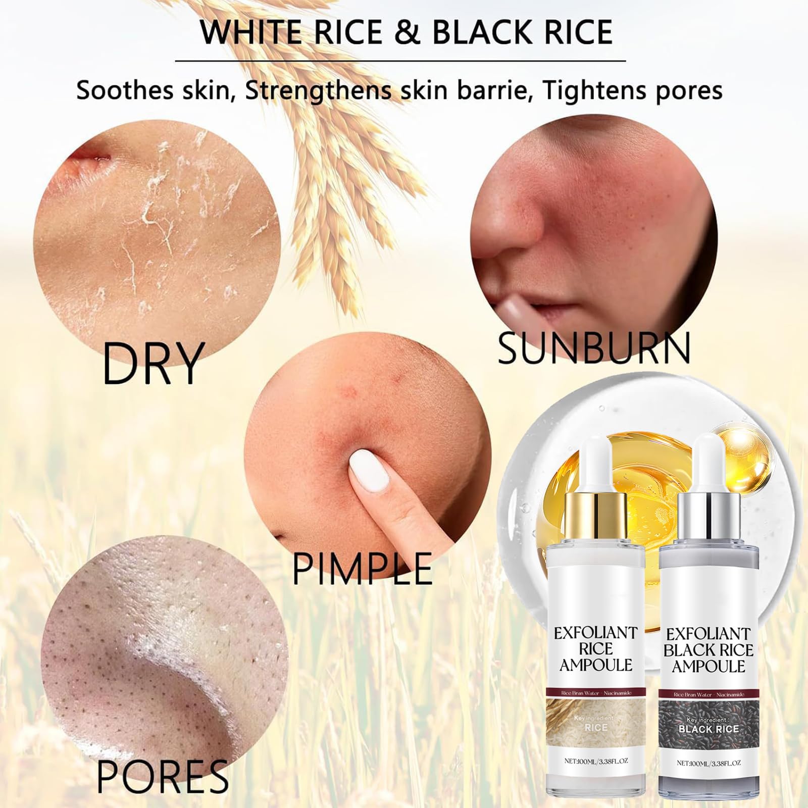 2PCS Peel Shot Glow Rice Ampoule Duo, White Rice + Black Rice Ampoule, Rice Gentle Face and Body Exfoliating Toner - Image 3