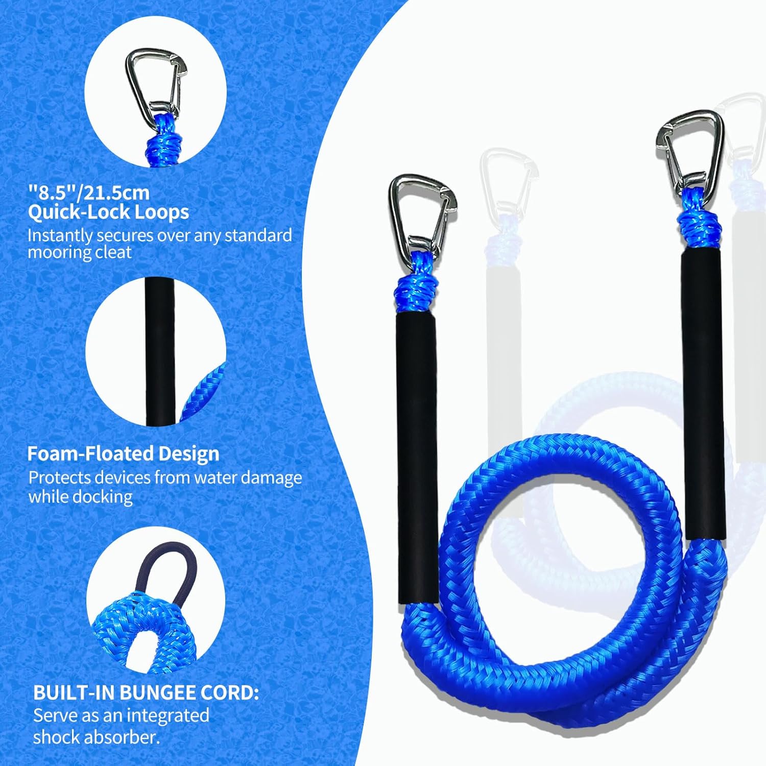 Blue Bungee Dock Lines 2-Pack with Double Hooks & Floating Tubes – Heavy Duty Boat Ropes for Jet Ski, Pontoon, Kayak – 4ft to 6ft, 316 Stainless Steel, Shock Absorbing