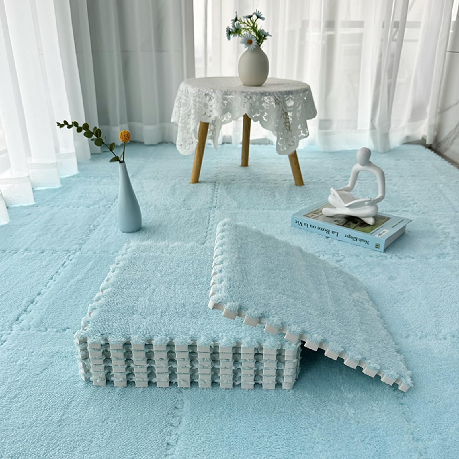 Genérico Alfombrillas de Espuma entrelazadas para puzles, baldosas de EVA Suave de 30/60 cm para Sala de Juegos Infantil, Alfombra de Felpa Azul Claro, fácil instalación, decoración