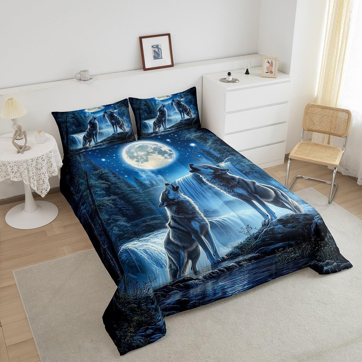 Wolves Howling Queen Size Comforter Sets for Kids Adults,Exotic Galaxy Wolf Family Bedding Sets Youth Men Teens Child,Watercolor Jungle Moon Night 3 PCS Quilt Set,Safari Aniamls Duvet Insert