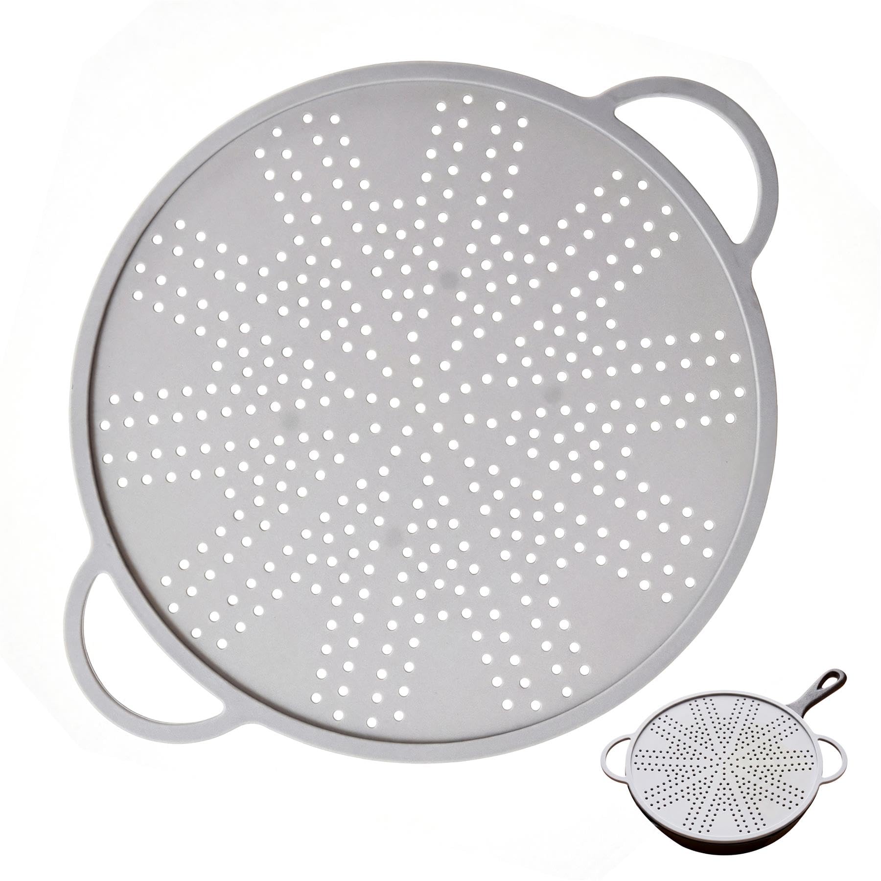 Geezy Grey 3-In-1 Silicone Strainer, Trivet & Splash Guard 28Cm - Frying Pan Splatter Screen With Steel Rim, Side Handles, Non-Slip Feet - Draining Food, Protecting Skin & Stovetops, Resting Hot Cookware