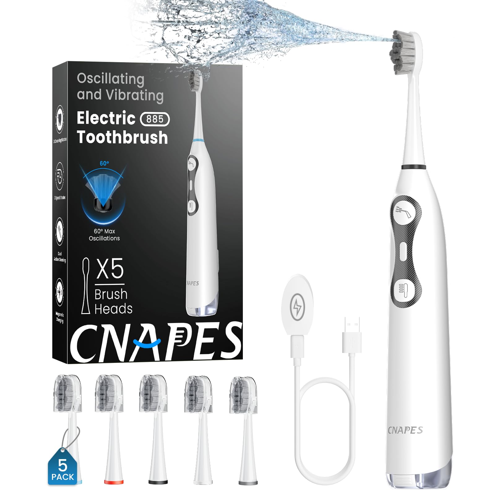 Elektrische Zahnbürste mit Wasser Flosser, 3-in-1 Schallbürste & Munddusche Combo für Erwachsene, Schnurloses Bürsten- & Zahnseidesystem mit 5 Bürstenköpfen, 3 Modi, 30-Tage-Akku, für Zahnspangen