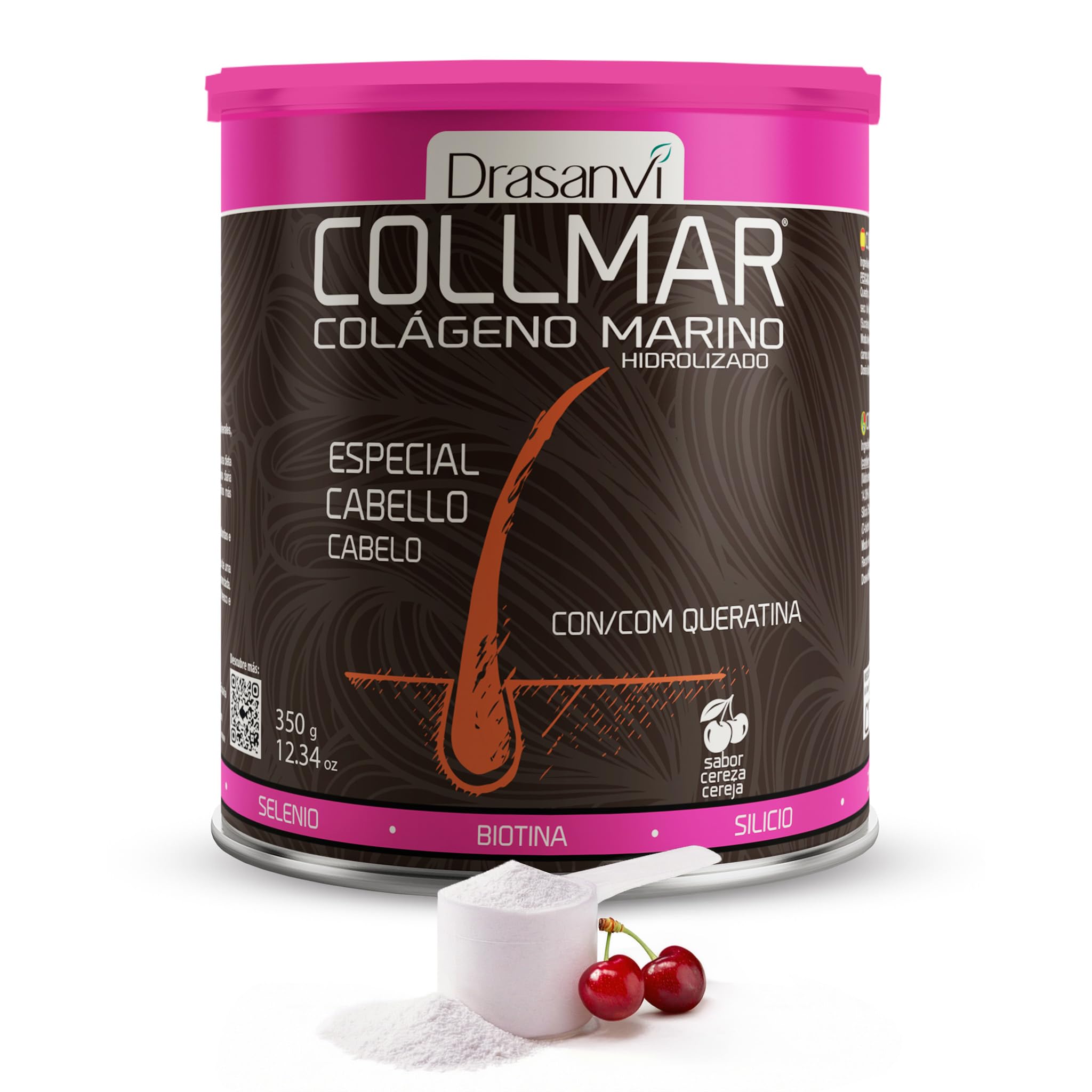 Drasanvi COLLMAR Colágeno Marino Hidrolizado + Biotina, Queratina, Selenio, Zinc y Extracto de Bambú | Cabellos Débiles y Finos| | Alta Dosis 5.000 mg/día | 350g de Polvo = 35 Días | Sabor Cereza
