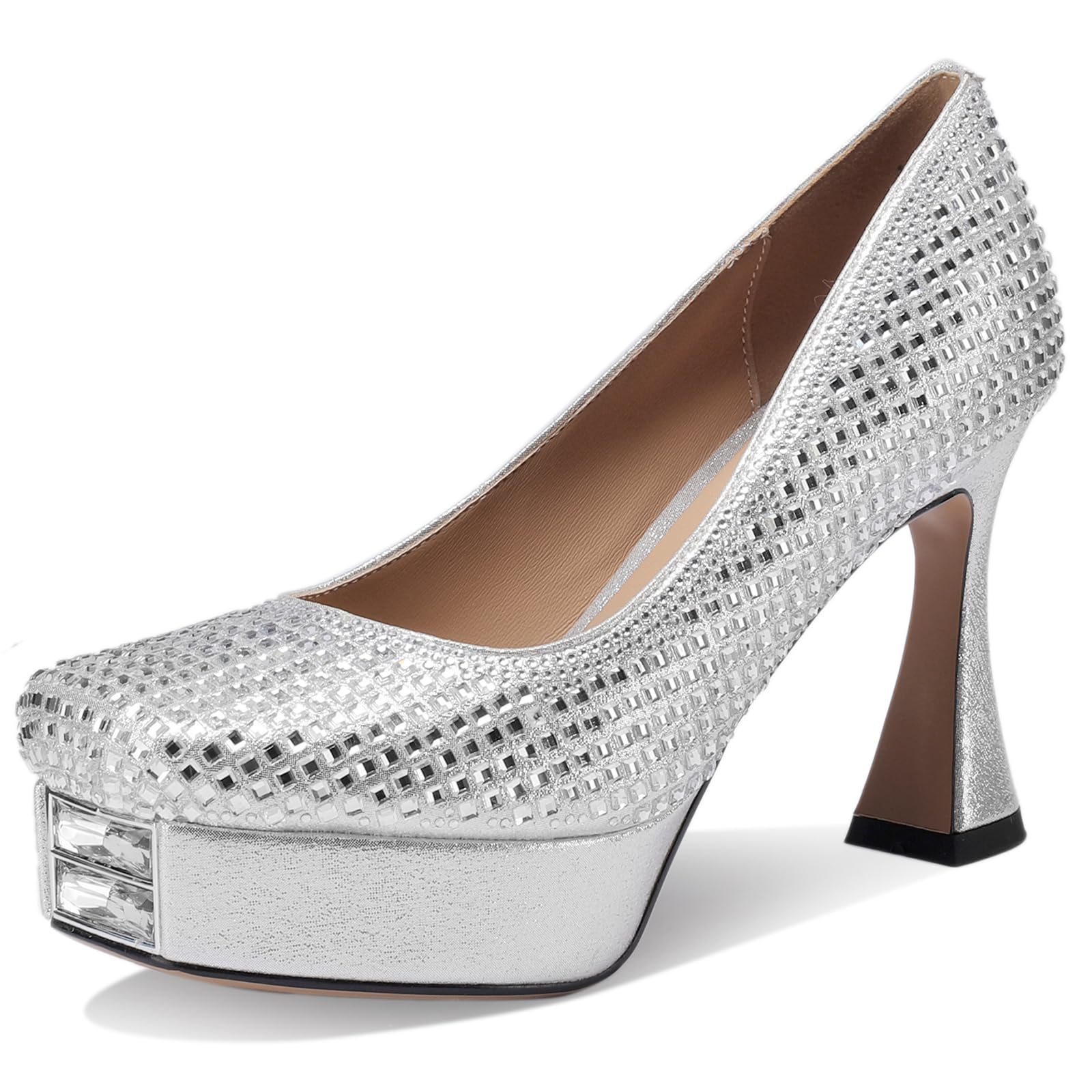 TDD Platform Heels for Women Glitter Crystal Rhinestone Square Toe Closed Toe Chunky Pumps Comfortable Dressy Wedding Elegantes Wide Comfortable