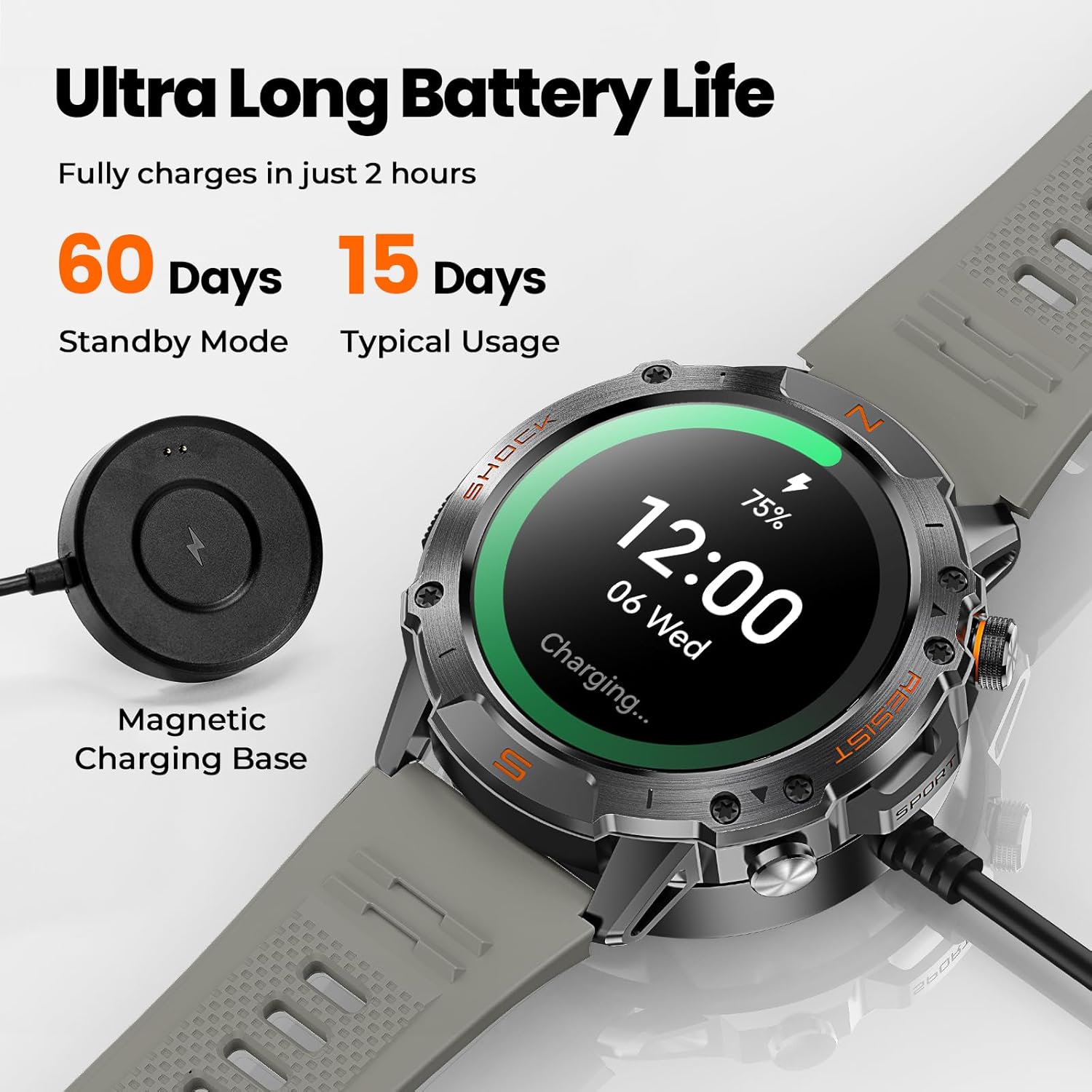 WalkerFit Rugged Smart Watch for Men- Answer/Dial Call,30M Waterproof Fitness Watch with Health Monitor,170 Sport Mode,Military Smartwatch for iPhone,AMOLED, Gray Silicone