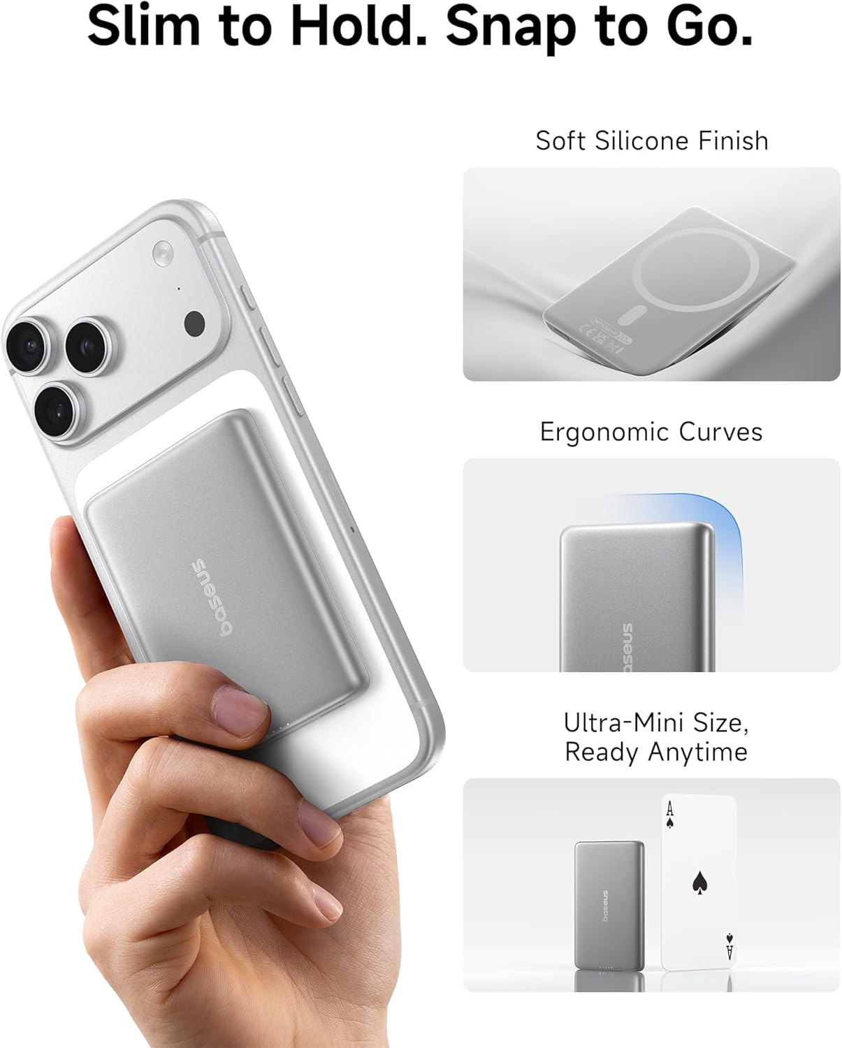 Baseus Picogo Power Bank, Smallest 5,000mAh Magnetic Wireless Charger with USB-C Braided Cable, Fast Charging Portable Battery Pack, NTC Safety Alloy Travel Essential for iPhone 17 Pro Max/17 Air/17e