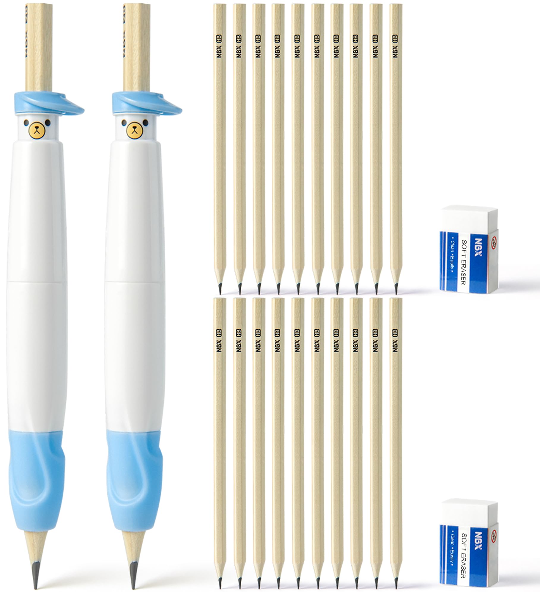 Pencil Grips for Children, Comfortable Writing Aid for Improving Handwriting, can Serve as Mechanical Pencil, Pencil Extender & Pencil Cap, Posture Correction Tool for Toddlers (2 Pack,Blue+Blue)