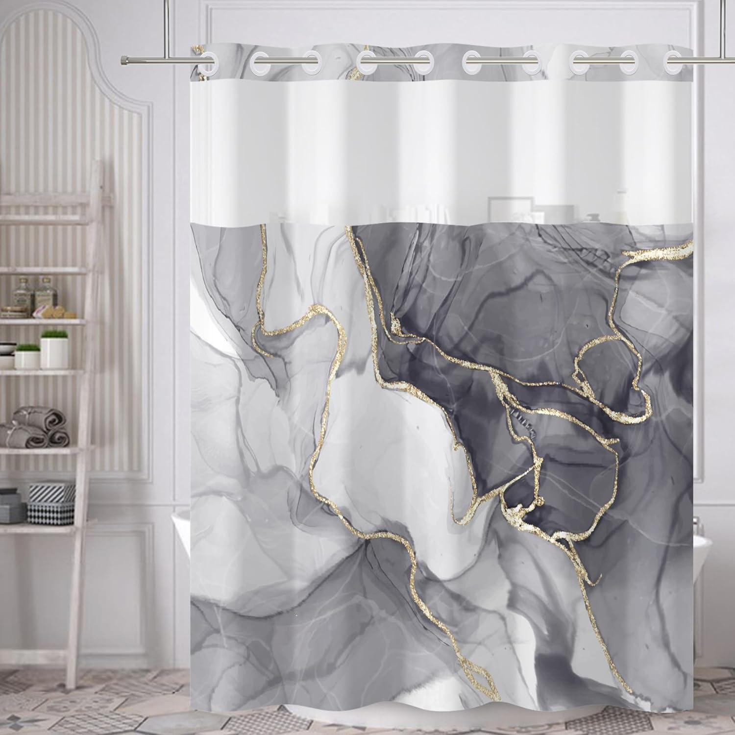 No Hook Shower Curtain,Gray Marble Double-Layered Shower Curtain with Snap-in Liner and Weights,Modern Abstract Luxury Fabric Bath Curtain with See Through Mesh, 71x74in