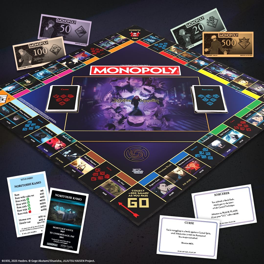 MONOPOLY: Jujutsu Kaisen Edition Board Game, Buy Sell Trade Locations from the Shibuya Incident Arc, Featuring 6 Custom Tokens: Yuji Itadori, Panda, Satoru Gojo & More, Officially Licensed Collectible