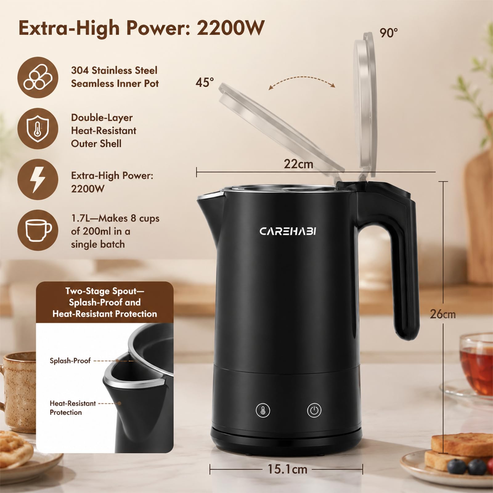 Carehabi Bollitore in acciaio inox, 1,7 l, regolazione della temperatura da 40 °C a 100 °C, doppia parete, senza BPA, funzione di mantenimento del calore
